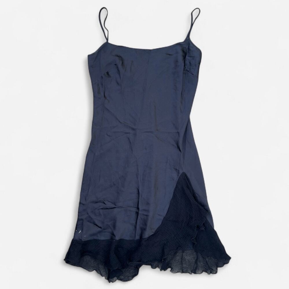 Max Studio Vintage Y2K Silk Ruffle Black Slip Dress with Slit